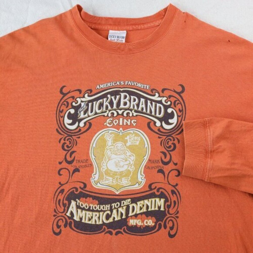 Mens Lucky Brand T Shirt FLAWS Size HIM Vtg Knit Wear USA Made Distressed Orange
